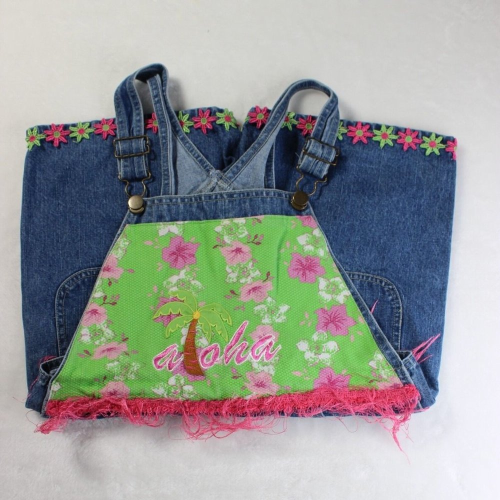 Greggy Girl Aloha Blue Denim‎ Embroidered Sleeveless Overall One Piece Size 10